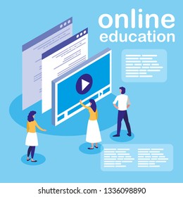 online education with media player display and mini people