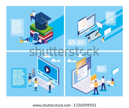 online education with mini people and set icons