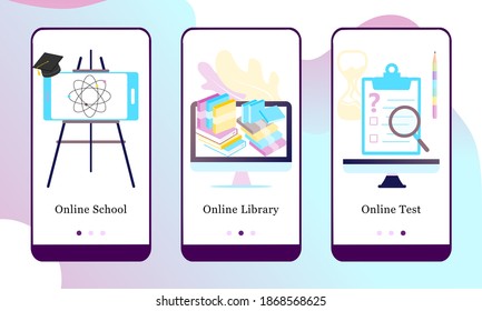 Online Education mobile app onboarding screens. Online School, Online Library, Online Test. Menu vector banner template for website and UI mobile development design 3D isometric flat illustration.