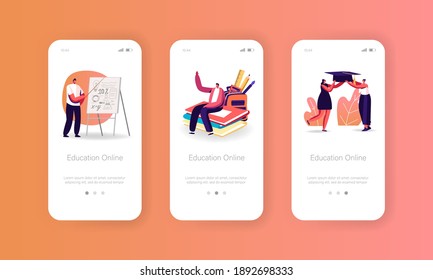 Online Education Mobile App Page Onboard Screen Template. Characters Watch Video Courses. Students Learn Internet Watching Classes on Pc. Distance Learning Concept. Cartoon People Vector Illustration