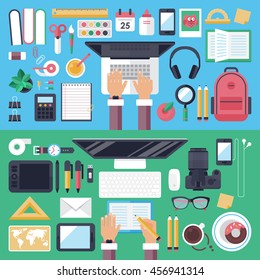 Concepto de educación en línea y aprendizaje electrónico móvil con iconos y símbolos planos en la tabla de visualización superior para el diseño de banners de sitios web
