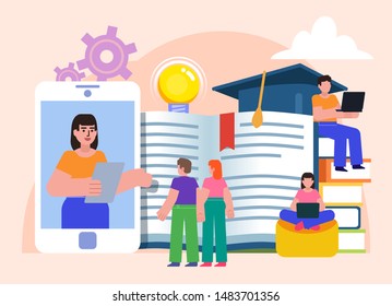 Online education from mobile phone. Online lessons, courses, webinar. Students stand near big phone, books. Flat design vector illustration. Poster for social media, web page, banner, presentation