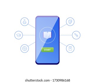 Online education mobile web app concept. Vector flat illustration. Smartphone with book icon and start course button on device screen. Design for elearning banner, infographic, library.