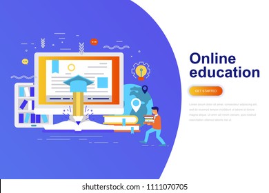 Online education modern flat concept web banner with decorated small people character. Landing page template. Conceptual vector illustration for web and graphic design, marketing.