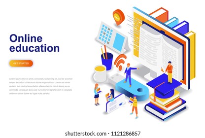 Online education modern flat design isometric concept. Learning and people concept. Landing page template. Conceptual isometric vector illustration for web and graphic design.