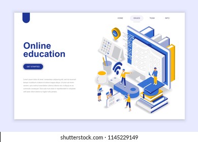 Online education modern flat design isometric concept. Learning and people concept. Landing page template. Conceptual isometric vector illustration for web and graphic design.