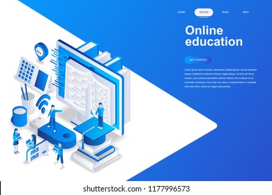 Online education modern flat design isometric concept. Learning and people concept. Landing page template. Conceptual isometric vector illustration for web and graphic design.