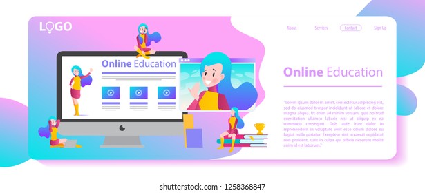 Online education. Modern flat design with little characters. Landing page template.