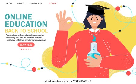 Online education modern flat design. Online school concept. Remote education. Landing page template. For your design.
