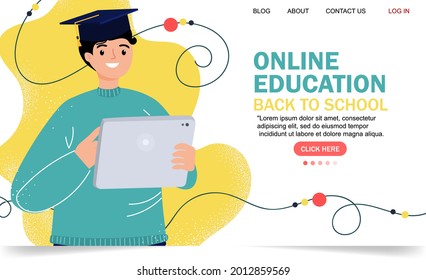 Online education modern flat design. Online school concept. Remote education. Landing page template. For your design.