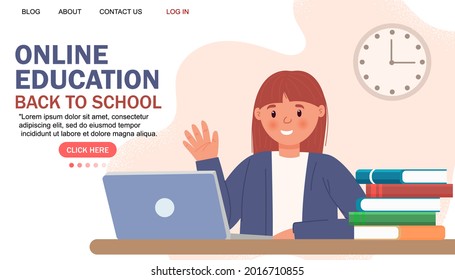 Online education modern flat design. Online school concept. Remote education. Landing page template. For your design.