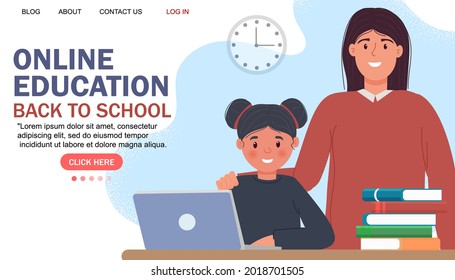 Online education modern flat design. Online school concept. Remote education. Landing page template. For your design.