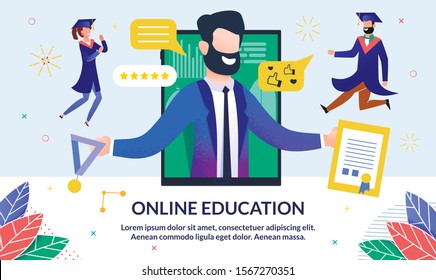 Online Education, Modern Profession, Cartoon. On Screen an Electronic Device, Bearded Man Suit Holds Diploma and Medal Graduation. Nearby Students Rejoice and Triumph. Vector Illustration.