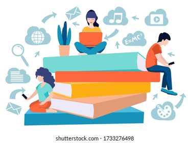 Online education. Modern vector illustration concepts. Online Education for website and mobile website.  Education concept with little people receiving information from laptop, from smartphone. Vector