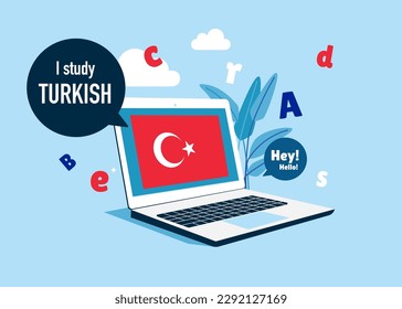 Online education. Modern vector illustration Learn Turkish online. Distant and home education concept. 