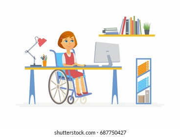 Online education - modern vector illustration of happy disabled junior school girl student working at the PC, doing home work. Pupil sitting in wheelchair at monitor, having a lesson, courses, webinar