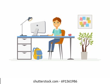 Online education - modern vector illustration of happy junior school boy student working at the PC, doing home work. Pupil sitting at the desk with monitor, having lesson, courses, webinar in her room