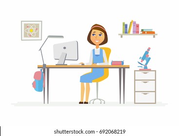 Online education - modern vector illustration of happy senior school girl student working at the PC, doing home work. Pupil sitting at desk with monitor, having lesson, courses, webinar in her room