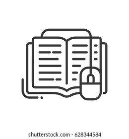 Online education - modern vector single line icon. An image of a book with a computer mouse going out of it. Representation of knowledge, technology, understanding, reading, editing.