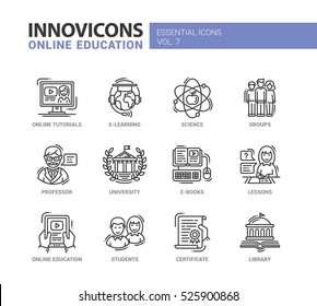 Online Education - Modern Vector Thin Line Design Icon Set. Books, University, Tutorials, Science, Learning, Students, Professor, Group, Library, Certificate, Lessons