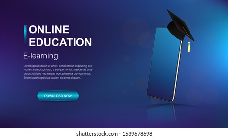 Online education modern web banner template. Mockup smartphone and square academic cap as a symbol of graduation. E-learning banner for website and mobile website. Landing page template. Vector image