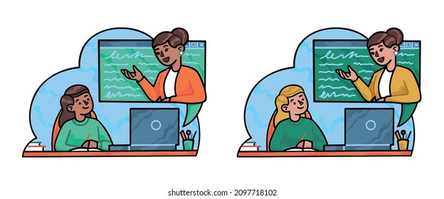 Online education is more common today than it was a couple of years ago. The illustration shows how a girl, being at home, learns from a video call.