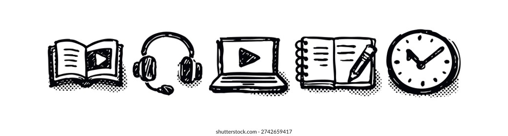 Online Education and Multimedia Learning Doodle Icon Collection