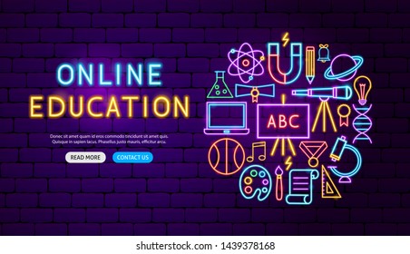 Online Education Neon Banner Design. Vector Illustration Of School Promotion.