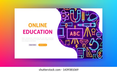 Online Education Neon Landing Page. Vector Illustration of School Promotion.