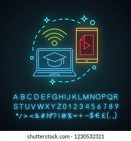 Online education neon light concept icon. E-learning. Interactive training idea. Online courses. Educational software. Study program. Glowing sign with alphabet, numbers. Vector isolated illustration
