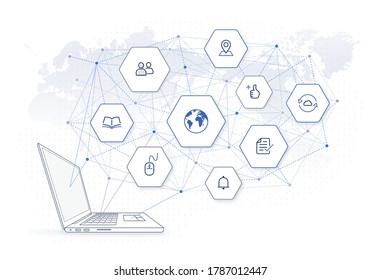 online education network illustration: e-learning classes, education icons, e commerce platform, laptop computer side view, global network connection on world map background