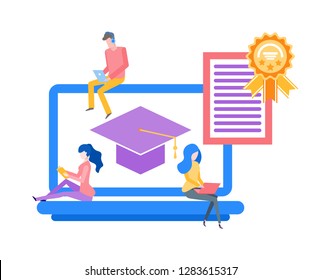 Online education obtaining knowledge in distance vector. Graduation hat on screen of laptop, certificate with seal award. Man and woman using gadgets