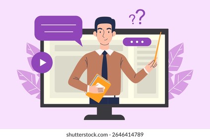 Educação online em um computador. Um professor conduz uma lição em um computador. Conceito de aprendizagem online. Ilustração vetorial
