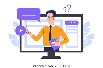 Educação online em um computador. Um professor conduz uma lição em um computador. Conceito de aprendizagem online. Ilustração vetorial