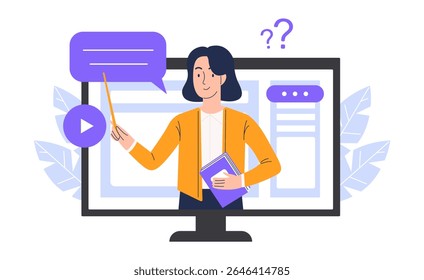Educação online em um computador. Uma professora conduz uma lição em um computador. Conceito de aprendizagem online. Ilustração vetorial