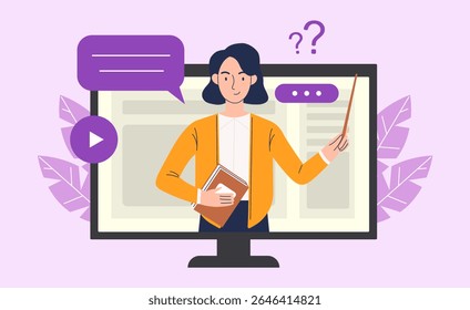 Educação online em um computador. Uma professora conduz uma lição em um computador. Conceito de aprendizagem online. Ilustração vetorial