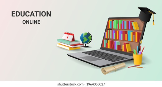 Online education on laptop application with book electronic library.Online training courses. Digital Library. Graduation. Concept for web, graphic design, Landing page template. 3d vector illustration