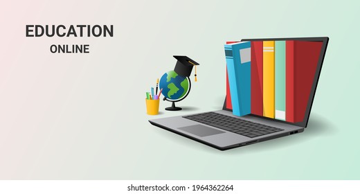 Online education on laptop with book electronic library. Online training courses. Digital Library. Concept for web, graphic design, Landing page template. 3d vector illustration