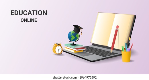 Online education on laptop with book electronic. Online training courses. Digital Library. e-learning research. Back to school concept. 3d vector illustration