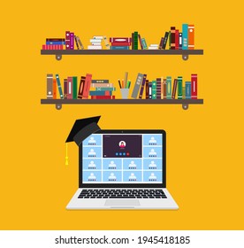 Online education on laptop. Learning of class in teleconference or webinar. Remote education in college. Book, online chat for student in lockdown. Seminar or course of teacher. Distance study. Vector