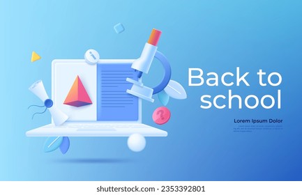 Online education on laptop with microscope and diploma. Online training courses. Digital Library. e-learning research. Back to school concept. 3d cartoon vector illustration