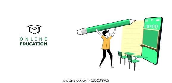 online education on mobile, character holding pencil, concepts on the topic of learning, vector Illustration