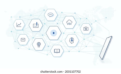 online education on mobile phone illustration: e-learning class, learning icons. smartphone side view. global network background