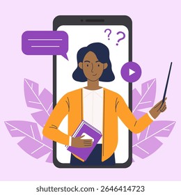 Educação online em um smartphone. Uma professora negra conduz uma lição em um smartphone. Conceito de aprendizagem online. Ilustração vetorial