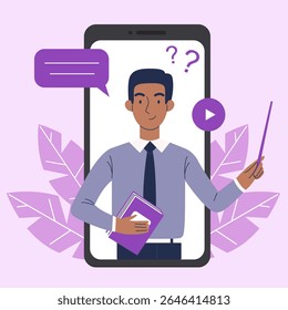 Online education on a smartphone. A black man teacher conducts a lesson on a smartphone. Online learning concept. Vector illustration