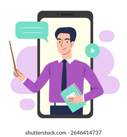 Educação online em um smartphone. Um professor conduz uma lição em um smartphone. Conceito de aprendizagem online. Ilustração vetorial