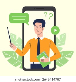 Educação online em um smartphone. Um professor conduz uma lição em um smartphone. Conceito de aprendizagem online. Ilustração vetorial