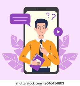 Online education on a smartphone. A man teacher conducts a lesson on a smartphone. Online learning concept. Vector illustration