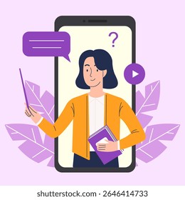Educação online em um smartphone. Uma professora conduz uma lição em um smartphone. Conceito de aprendizagem online. Ilustração vetorial