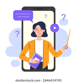 Online education on a smartphone. A woman teacher conducts a lesson on a smartphone. Online learning concept. Vector illustration